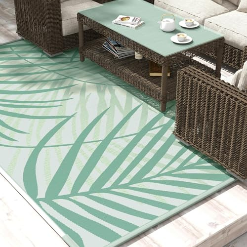 Outsunny Tapis de Jardin Tapis d'extérieur réversible 365L x 274l cm imperméable Motif Feuillage avec Sac de Transport pour terrasse Balcon Camping, Vert crème