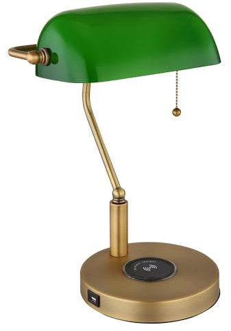 Schreibtischleuchte Bankerlampe Tischlampe altmessing Glas grün Leseleuchte, kabelloses Laden USB Anschluss, Zugschalter, 1x E27, LxH 26x36 cm