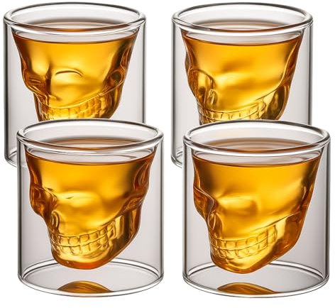 Set of 4 Unique Skull Shaped Small Shot Glasses, 25ml - Double-Wall Insulated, Scratch-Resistant Borosilicate Glass - Perfect for Whiskey, Tequila, Vodka & Themed Parties - Durable, Dishwasher Safe