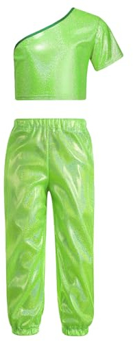 winying Kinder Mädchen Glänzend Hip Hop Kleidung Metallic Crop Top +Tanz Hosen Sport Gymnastikanzug Turnanzug Zweiteiler Tanz Sport Outfit Leuchtendes Grün 134-140
