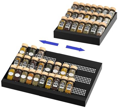 Wobmmi Expandable Metal Spice Drawer Organizer,3-Tier Slanted Seasoning Jars Tray for Kitchen Cabinet Drawers Insert/Countertop (Jars not included)-3Tier,2packs/Black