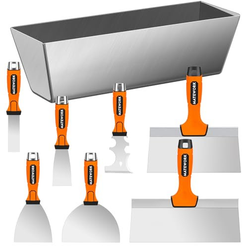 Matework Drywall Tools, 8-Piece Stainless Steel Drywall Knife Set, Putty Knives with Mud Pan, Tapping Knife with Hammer End and Ergonomic Grip for Wall Repair