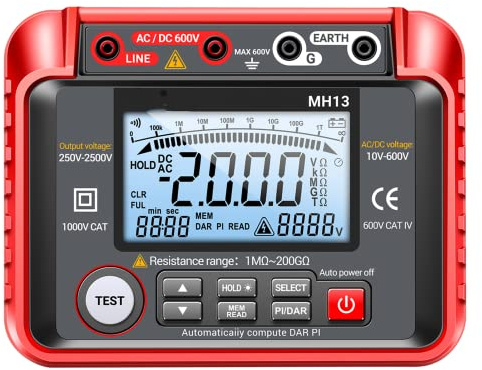 Mulcort - Probador de resistencia de aislamiento (250 V-2500 V, 1 MΩ-200 GΩ, Megger Megohm, medidor de prueba, rango automático, 2000 cuentas, pantalla LCD de 10 V ~ 600 V AC/DC, voltímetro con