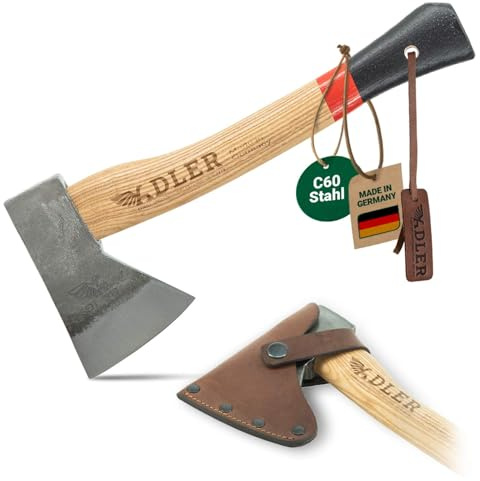 ADLER Campingbeil Handbeil 300g 30 cm C60 Eschenstiel Anfeuerholz Rot | Geschmiedeter Kopf mit doppelter Sicherheitsverkeilung und Gürtel-Lederschutz Made in Germany