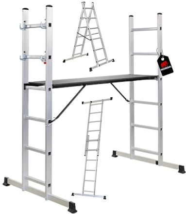 PROREGAL Arbeitsgerüst MULTISTEP, 3-in-1 Aluminiumleiter, 2x6 Sprossen, bis zu 2,7 m Höhe, Traglast 150kg, Arbeitsgerüst, Stehleiter, Anlegeleiter, Mehrzweckleiter
