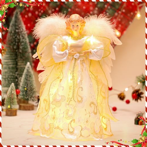 Puntale Albero Natale Angelo, 32cm Angel Christmas Tree Topper con Luce Led, Ali di Piume Bianche, Decorazione Per Albero Di Natale, Decorazione Natalizia per Interni, Angelo albero di Natale in alto