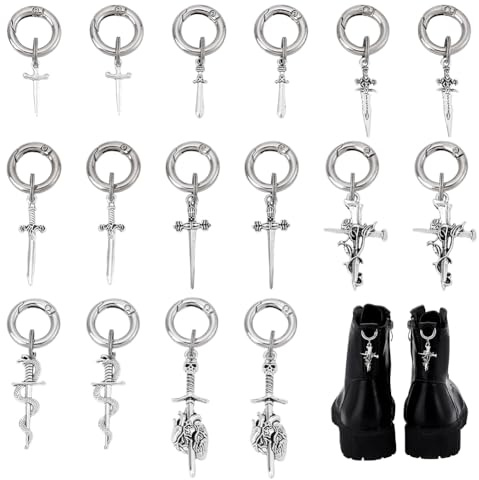 HOBBIESAY Lot de 16 pendentifs pour chaussures en 8 styles en forme d'épée Alliage gothique Bottes Talon DIY Accessoires de chaussures Antique Argent Platine Bottes Décoration pour bottes, chaussures