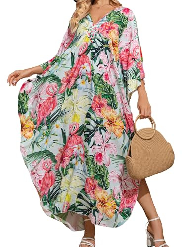 Woxscury Kaftan for Women Tropical Floral Print Holiday Maxi Dress Swimsuit Cover Up V Neck Caftan Beach Dress Loungewear