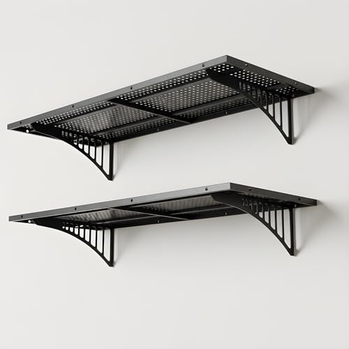 Shineforu 2-Pack 1.6x4FT Garage Wall Shelving, Metal Garage Shelves Wall-Mounted, 600 lbs Capacity Heavy Duty Floating Shelves, Black