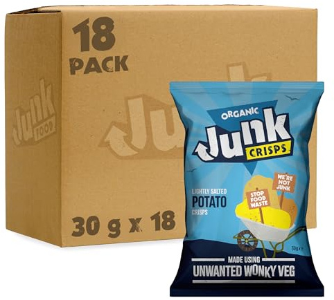 Junk Food Organic Lightly Salted Potato Crisps, Healthier Gluten Free & Vegan Friendly Snacks Made from Wonky Veg, 30 g (Pack of 18)