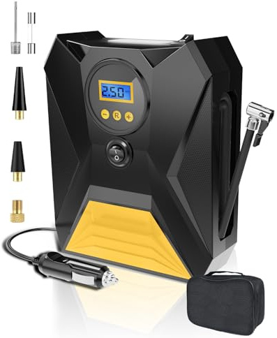 Onalix Gonfleur Pneus Voiture Portable 12V, Gonflage Rapide avec Écran Numérique HD, Mémoire Intelligente, Arrêt Automatique, 4 Unités de Mesure, Lumière LED, Idéal pour Vélo, Moto, Ballon (Jaune)