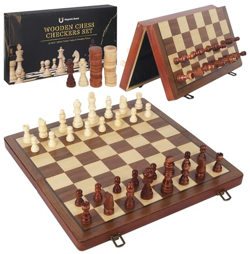 Scacchiera in Legno di Noce 2 in 1 39x39 cm, Scacchiera Magnetica Professionale Pieghevole Portatile con 2 Regine Extra, Scacchi in Legno per Bambini e Adulti Viaggi e Feste