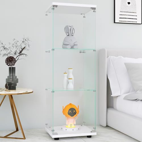 INONEFT glasvitrinskåp, stående monter med 3 lager glas trä vitrinskåp 1 dörr och lås, vit samlarvitrin för vardagsrum sovrum kontor