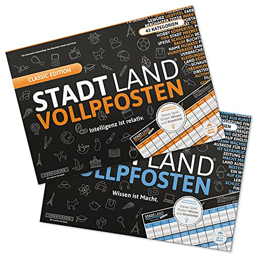 DENKRIESEN Stadt Land VOLLPFOSTEN DIN A3 Spielblock Doppelpack | Zwei großformatige Wortspiele und Partyspiele mit kreativen Kategorien für Familien und Freunde.