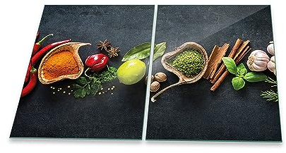 Herdabdeckplatte Abdeckung Ceranfeld Abdeckplatte Schneidebrett 2-Teilig 80x52 Gewürze Mehrfarbig Spritzschutz Glasplatte Ceranfeldabdeckung Schutz Herdschutz Sicherheitsglas Glasschneidebrett 2x40x52