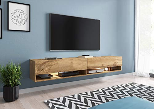 Meuble TV/Meuble de Salon – AXE – 180 cm – Style Industriel - 2 Compartiments fermés - 2 Niches Ouvertes – Chêne wotan – sans LED