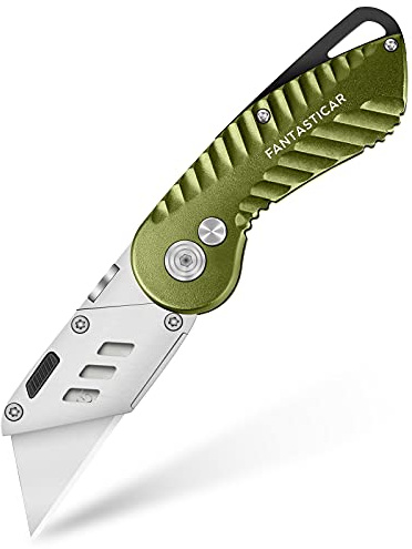 FantastiCAR Folding Utility Knife, Sturdy Metal Box Cutter with Extra 5 Blades, Quick Blade Change, and Preminium Gift Packaging, for Cardboard Opener, Paper Cutter (Retro Green)