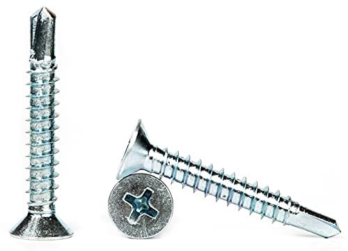 4.2mm x 32mm Self Drilling Countersunk Screws Steel Self Tapping Screws for Metal Sheets Roofing Windows (Pack of 100) F12BC