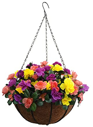 Home And Outdoor Courtyard Pretty Silk Artificial Mixed Purple Yellow Champagne Azaleas Flower DIY Chain Hanging Basket New Year Decoration (Big Basket)