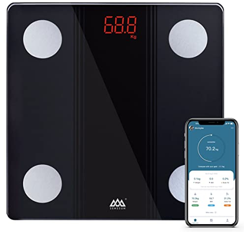SENSSUN Körperfettwaage Digital Personenwaagen,Waage Personen mit APP, Smart Waage Bluetooth Körperanalysewaage mit Körperzusammensetzungsfunktion,150KG/330LB,26 * 26CM,LED-Display(Schwarz)