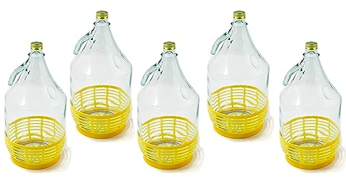 WYSKONT Enghals Ballonflasche Flasche mit festem Schraubverschluss und Korb für die Weinherstellung, Getränkeaufbewahrung, Servieren aus transparentem Glas, 5 Stück x 5 l