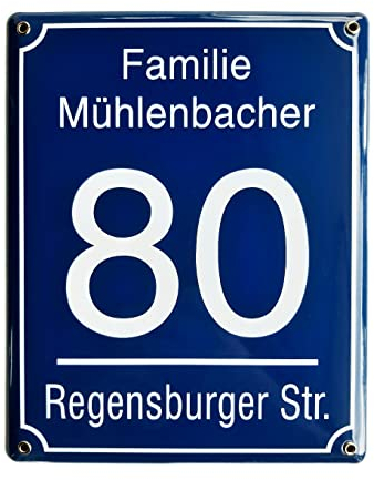 Hausnummernschild Format 200 x 250 mm - Hausnummer - Emaille - Keramik - Wetterfest - Türschild. Farben: Blau Grün Anthrazit Dunkelblau Weiß - Wunschtext. J.Pfaffenzeller