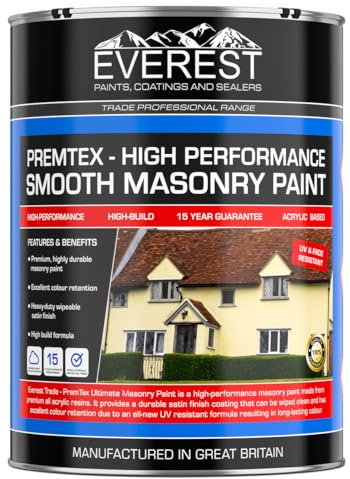 Everest Trade - PremTex Smooth Masonry Paint - High Performance - Smooth Finish (Black, 5 Litre)