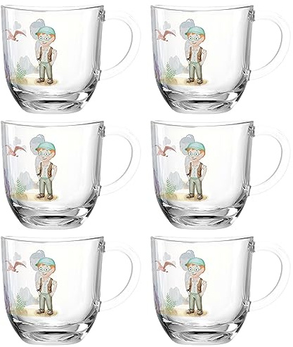 LEONARDO HOME Bambini Avventura Tassen-Set 6-teilig - Kinderbecher mit Motiv aus dickwandigem Glas - Inhalt 280 ml - mikrowellengeeignet, robust - 6er Set mit Motiv Dino, 044424