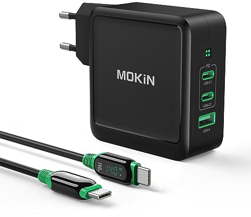 MOKiN 140W GaN USB C Ladegerät für Laptop - PD 3.1 Schnellladegerät Mit 1.2M Display Ladekabel für MacBook Pro/Air M1/M2, Dell, HP, Lenovo, iPhone, Galaxy, Pixel