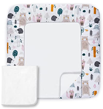 Balbina Wickeltischauflage aus Baumwolle, Waschbare Unterlage zum Wickeln, Wickelauflage mit Austauschbarem Frotteebezug, Widerstandsfähig & Robust, 70 x 60 cm, Wald Beige