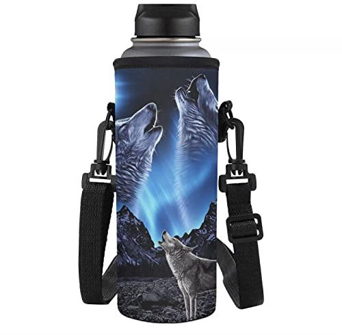 NETILGEN Neopren Isolierte Wasserflaschenhalter Schultergurt Flaschenhülle klein groß, Heulender Wolf, Large(1000-1200ML), Modern