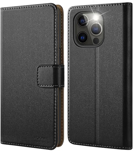 HOOMIL Handyhülle für iPhone 15 Pro Max, Premium Leder Klappbar Hülle, mit Kartenfach & Standfunktion, Unterstützt Kabelloses Laden - Schwarz