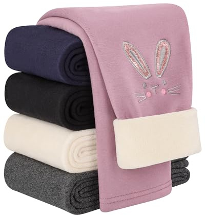 Auranso Girls Fleece Lined Thermal Sherpa-Lined Leggings Cotton Kids Winter Thick Warm Cartoon Embroidery Trousers Pink, 6-7 Years