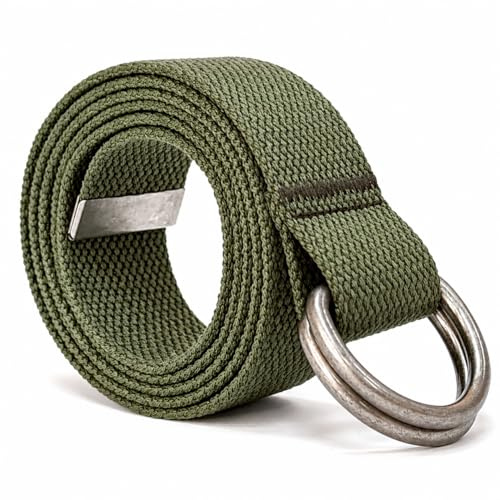SUITUA Herren & Damen Leinengürtel mit D-Ring, Doppelring-Gürtel, 3,8 cm breit, einfarbig, extra lang (124,5 cm), Army Grün, 135 cm