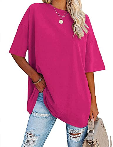 Ebifin Dam oversize t-shirt rund hals kortärmade toppar casual lös basic sommar t-shirts skjortor blus., 02 rosenröd, XL