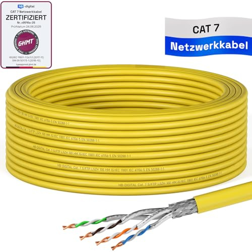 HB-DIGITAL 15m Cavo di rete LAN CAT 7, cavo di posa, Ethernet, cavo di installazione, 10 Gbit/s, AWG23, S/FTP - Certificato GHMT - Rame puro, LSZH, cavo dati Simplex - Giallo