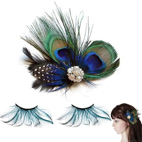 Mirrwin Pfauenfedern Haarschmuck - Damen Pfau Kostüm mit Falsche Wimpern Lang, 1920s Pfau Feder Haarspange für Karneval Fasching Mottoparty Cosplay Party