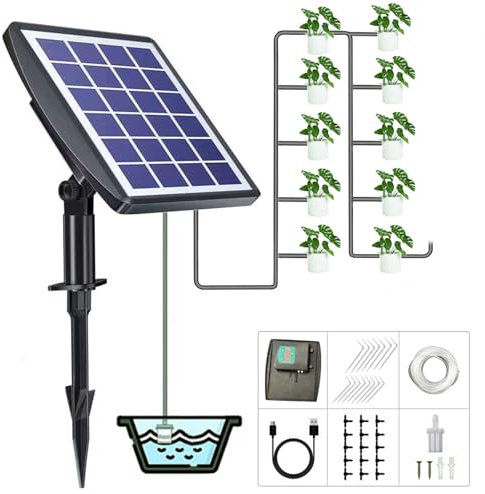 2024 Neu Solar Bewässerungssystem, 15M Automatische Gartenbewässerungssystem, Solarbetriebenes Tropfbewässerungsset mit Wassersensor, Selbstbewässerungsgeräte mit Timer für Gewächshaus Garten (10 M)