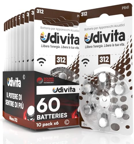 60 Batterie Per Apparecchi Acustici Udivita Misura 312 Tecnologia Phono Pulse - 10 Blister da 6 Pile