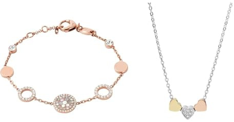 Fossil Women's Rose-Gold Bracelet and Multicolor Necklaces, Stainless Steel, Set