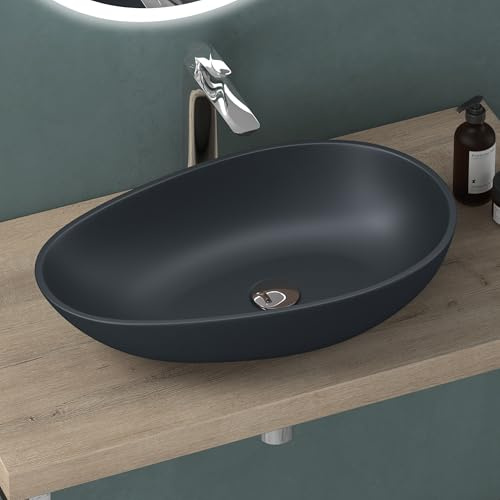 Mai & Mai Waschbecken Oval 60x36x14cm Aufsatzwaschbecken in Anthrazit matt | Waschschale Waschtisch aus Mineralguss ohne Hahnloch und Überlauf Colossum809