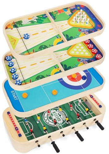WOODENFUN 4-in-1 Multifunktionsspieltisch Bowling, Fußball, Curling, Tischhockey Indoor und Outdoor Erwachsene und Kinder Tischparty Spiele Hockey Brettspiel Multiplayer Spieltisch