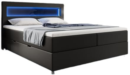 Boxspringbett Relax 180x200 mit LED, Stauraum und USB-C | Bezug: Kunstleder | Farbe: Schwarz | Härtegrad: H4 (100kg+)