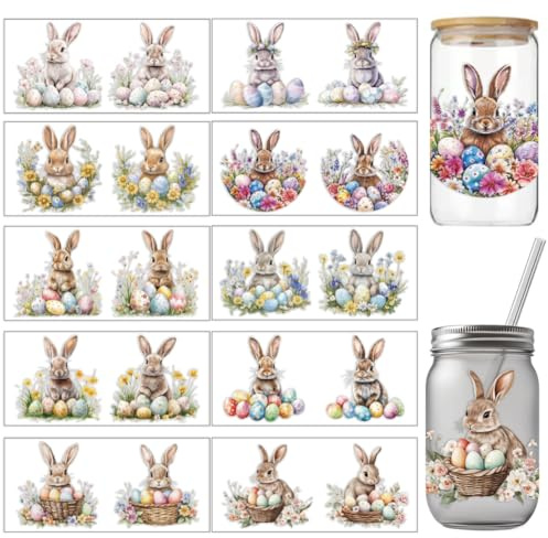 arricraft 10 Stück UV Transferpapier Mit Ostermotiven Zum Bedrucken von Tassen Wasserdichte Bunte Osterhasen Eier Blumen Korb UV DTF Cup Wrap Aufkleber Für 16 OZ Glasbecher Zum Basteln