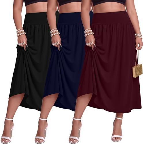 Ficerd Confezione da 3 Gonne Maxi Lunghe Taglie Forti per Donne con Curve Vita Alta Lunghezza alla Caviglia Estive con Tasche(Nero, Blu Navy, Bordeaux,XL)