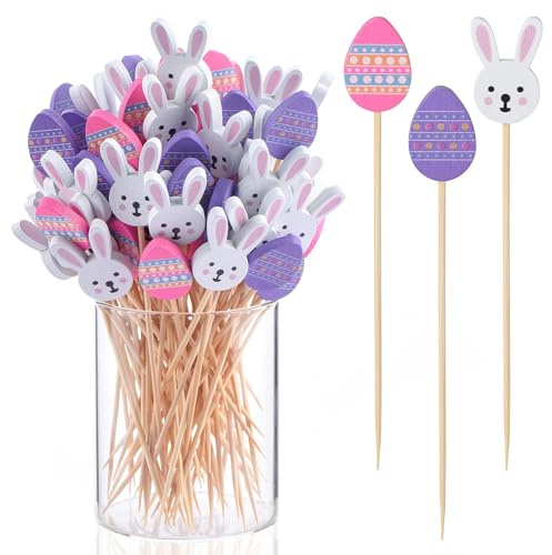 Cocktailspett, påsk, 100 stycken, hare, träspett, fingermat, 12 cm, festspett, ostspett, fruktspett, för påskdekoration, bordsdekoration, fest (B)