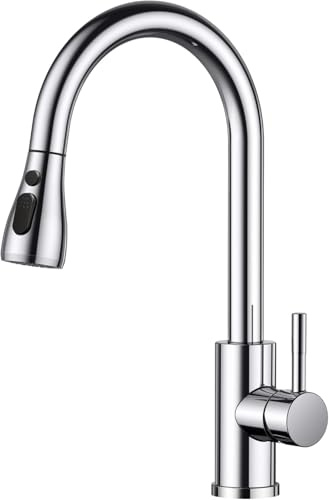 WLTEDRGO Polished Chrome Kitchen Tap, 360° Swivel Kitchen Sink Taps with Pull Out Spray, Stainless Steel Mixer Tap with 3 Functions, 1 Hole Single Lever High Arc Sink Taps, High Pressure Faucet