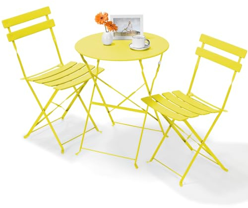 LIFERUN Juego de Muebles de Balcón de 3 Piezas, Bistro Set de Metal con 1 Mesa y 2 Sillas, Resistentes a la Intemperie, Plegables, para Pequeños Balcones, Terrazas y Jardines, Amarillo