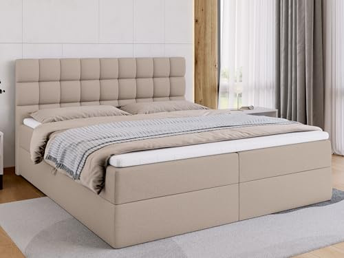 BROMARKT Boxspringbett mit Matratze 180x200cm Bett mit Topper Beige | Polsterbett mit Bettkasten Doppelbett mit Stauraum für Schlafzimmer gepolsterte Kopfteil Bed Bonell Boxbett H3 DAKOTA