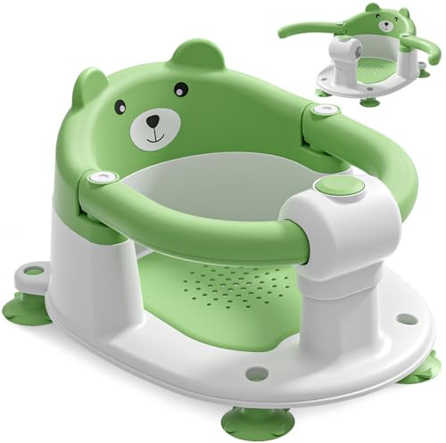 Seggiolino per Vasca da Bagno per Bambini a Partire da 6 Mesi, Seggiolino da Bagno Antiscivolo con 4 Ventose e Cuscino per Neonati, Sedia per Doccia Portatile per Doccia o Vasca da Bagno, Verde